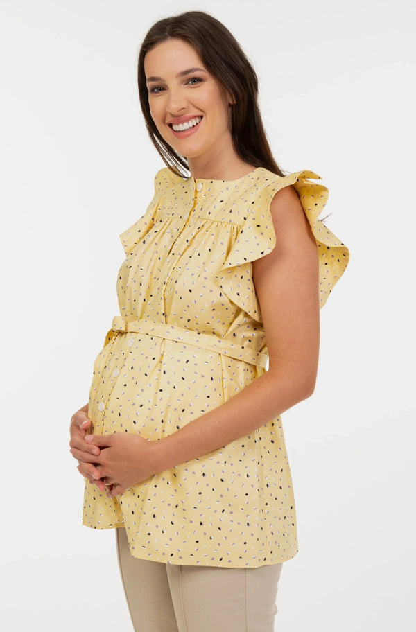 Katoenen zwangerschaps- en voedingstop met volantmouwen