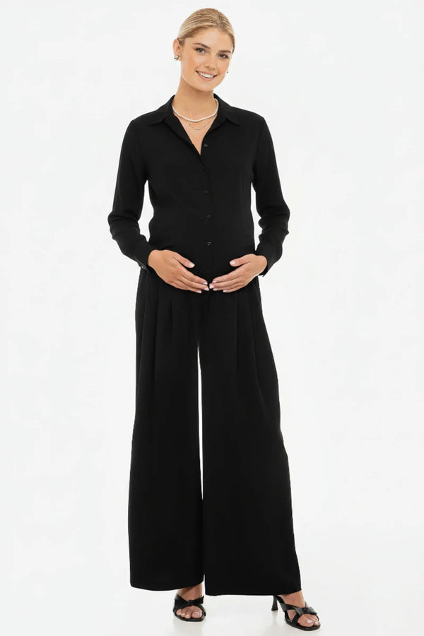 Elegante zwangerschapsbroek van crêpe georgette met fijne plooien - zwart