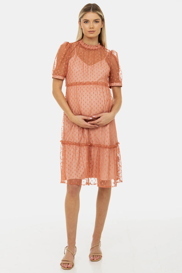 Luchtige zwangerschapsjurk van tule met stippen - Peach