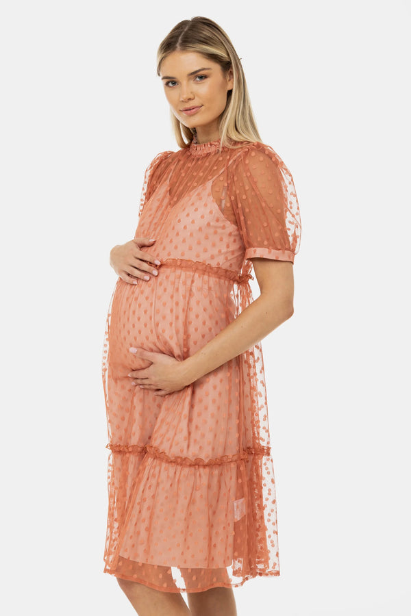 Luchtige zwangerschapsjurk van tule met stippen - Peach