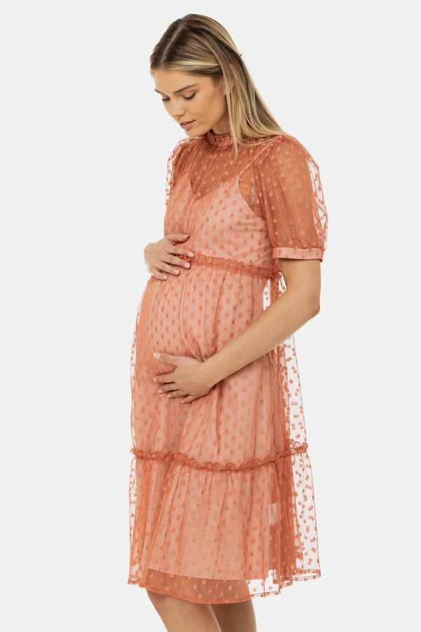 Luchtige zwangerschapsjurk van tule met stippen - Peach