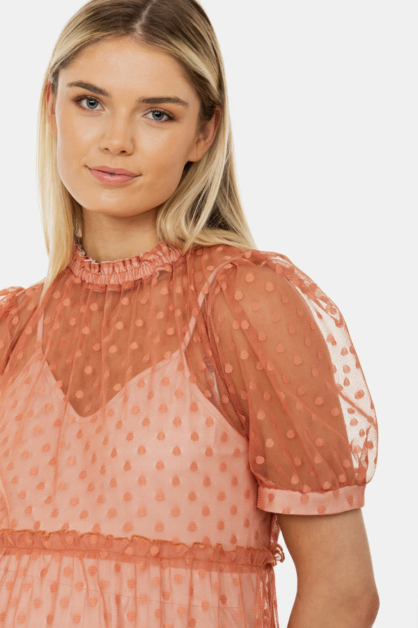 Luchtige zwangerschapsjurk van tule met stippen - Peach