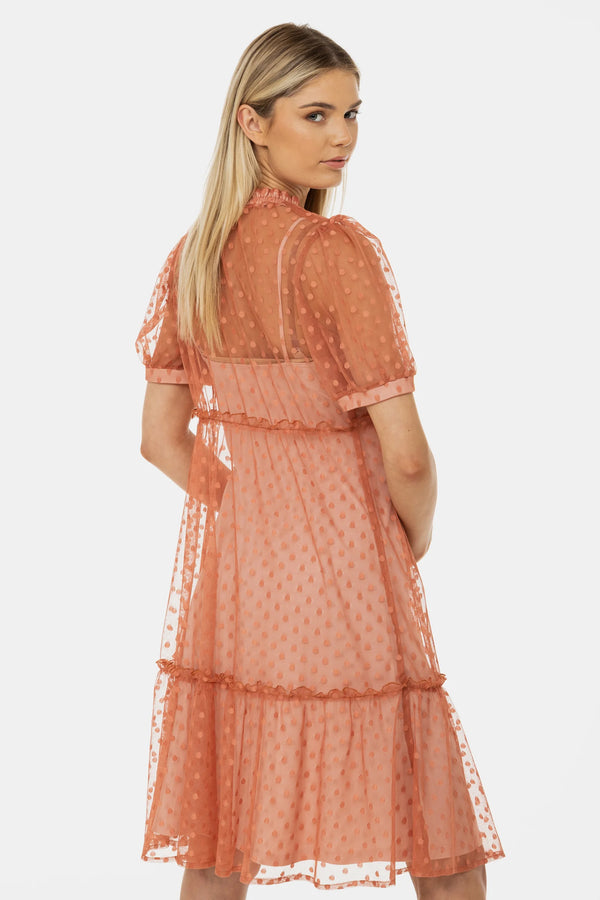 Luchtige zwangerschapsjurk van tule met stippen - Peach