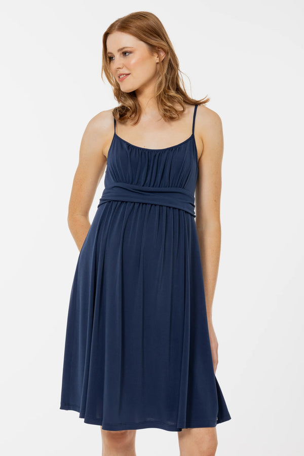 Elegante zwangerschapsjurk met smalle bandjes - blauw