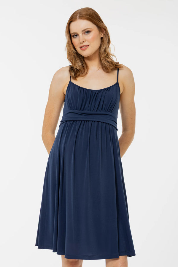 Elegante zwangerschapsjurk met smalle bandjes - blauw