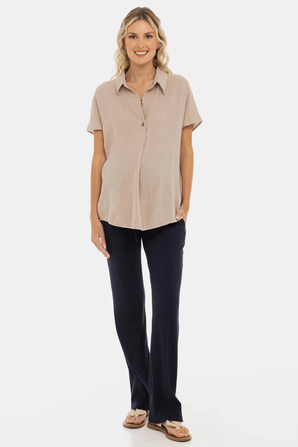 Katoenen zwangerschaps- en borstvoedingsblouse - beige