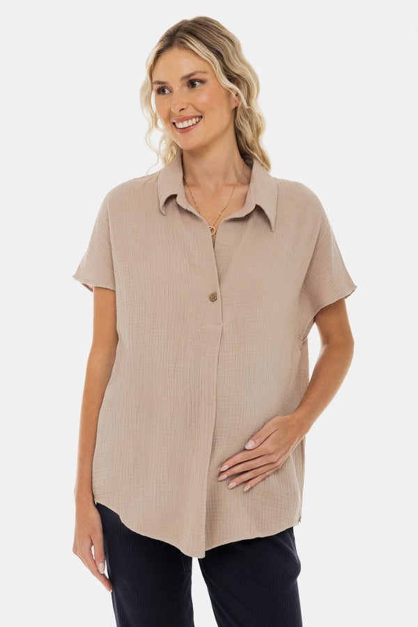 Katoenen zwangerschaps- en borstvoedingsblouse - beige