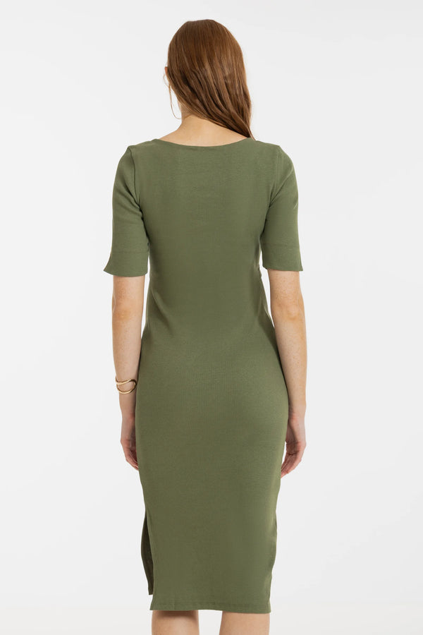 Katoenen ribtricot zwangerschaps- en voedingsjurk - khaki