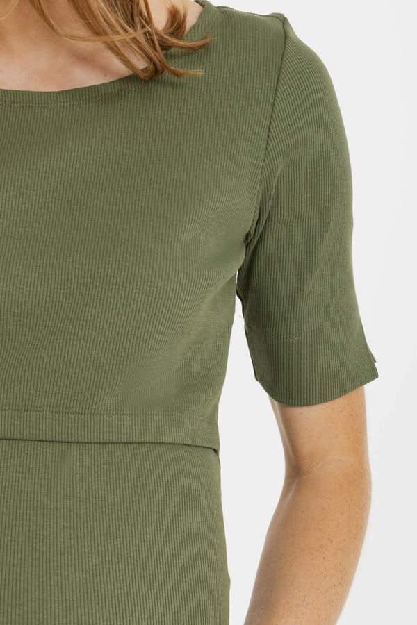 Katoenen ribtricot zwangerschaps- en voedingsjurk - khaki