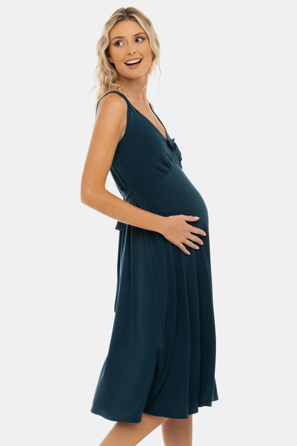 Luchtige zwangerschapsjurk met plooien en strikdetail – teal