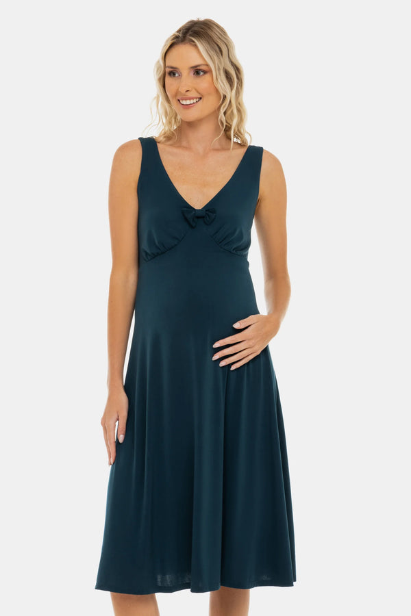 Luchtige zwangerschapsjurk met plooien en strikdetail – teal