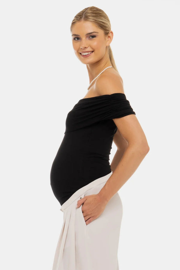 Elegante zwangerschapsblouse met off-shoulder – zwart