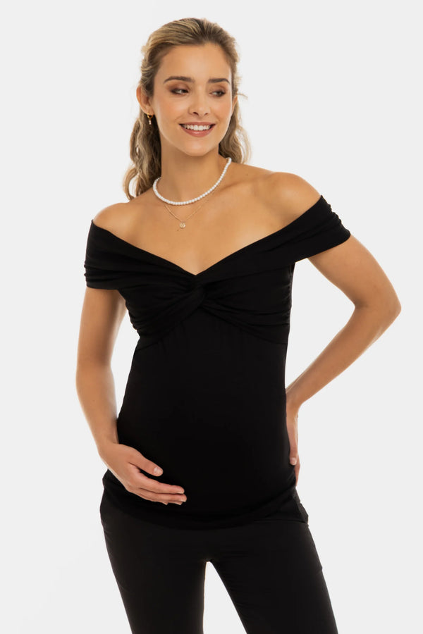Elegante zwangerschapsblouse met knoopdetail – zwart