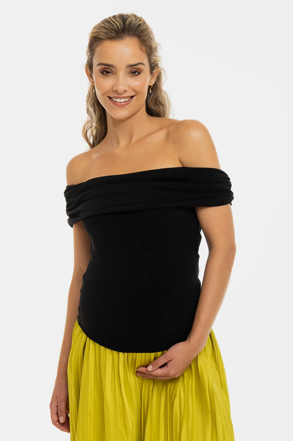 Elegante zwangerschapsblouse met off-shoulder – zwart