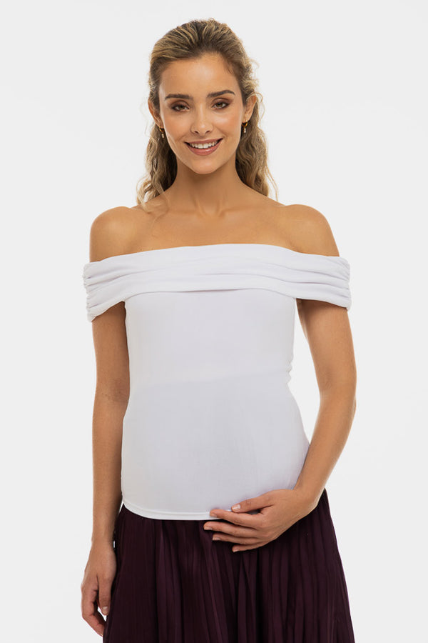Elegante zwangerschapsblouse met off-shoulder – wit