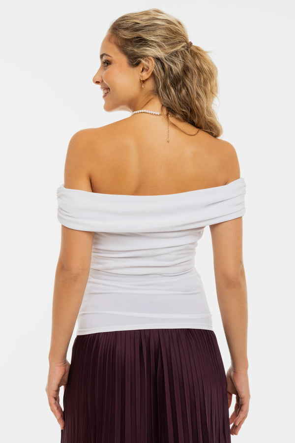 Elegante zwangerschapsblouse met off-shoulder – wit