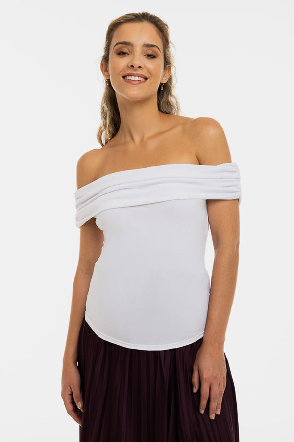 Elegante zwangerschapsblouse met off-shoulder – wit