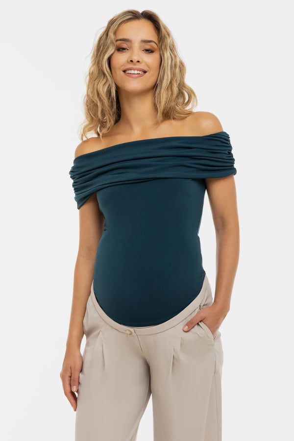 Elegante zwangerschapsblouse met off-shoulder – teal