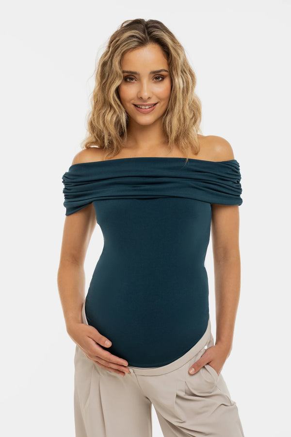 Elegante zwangerschapsblouse met off-shoulder – teal