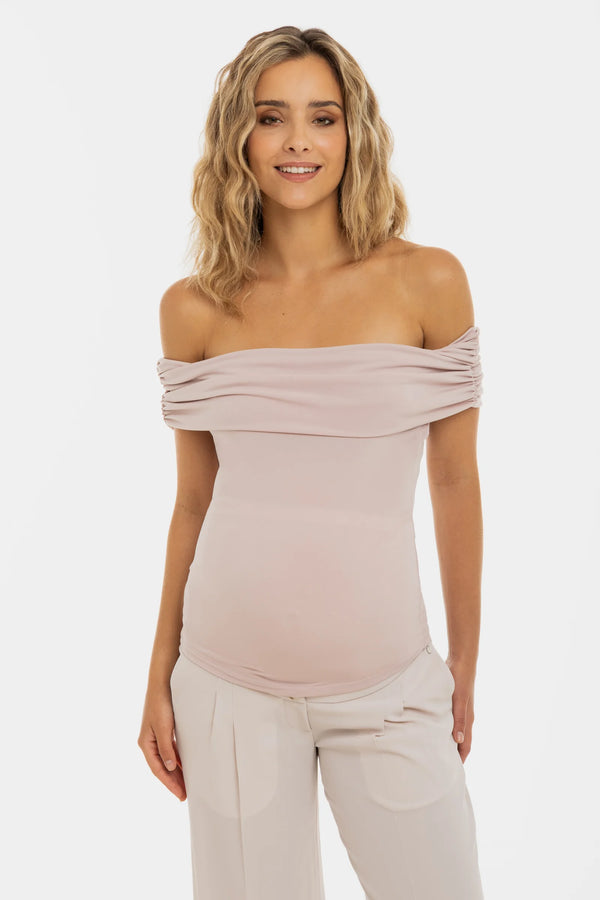 Elegante zwangerschapsblouse met off-shoulder – licht blush