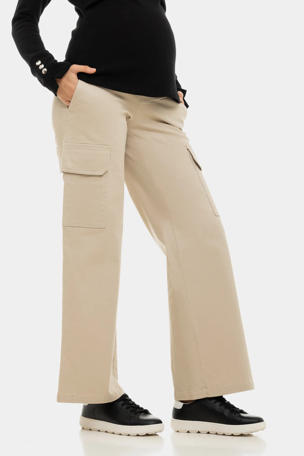 Wijde katoenen cargo zwangerschapsbroek - sand