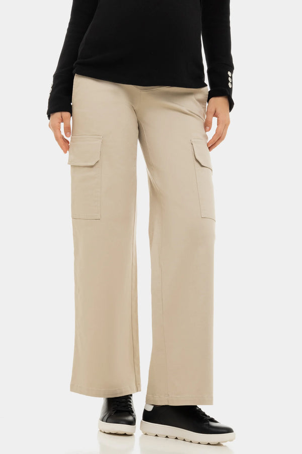 Wijde katoenen cargo zwangerschapsbroek - sand