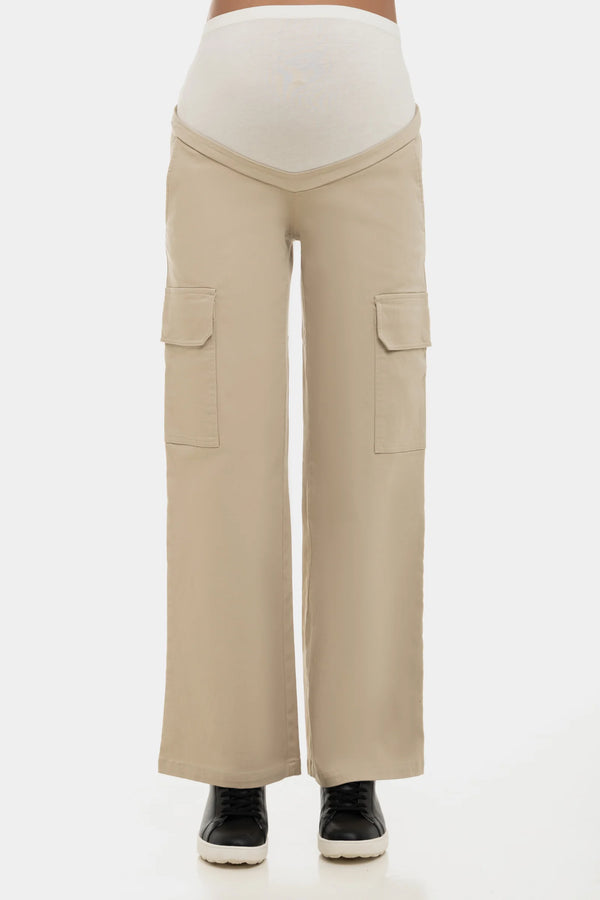 Wijde katoenen cargo zwangerschapsbroek - sand