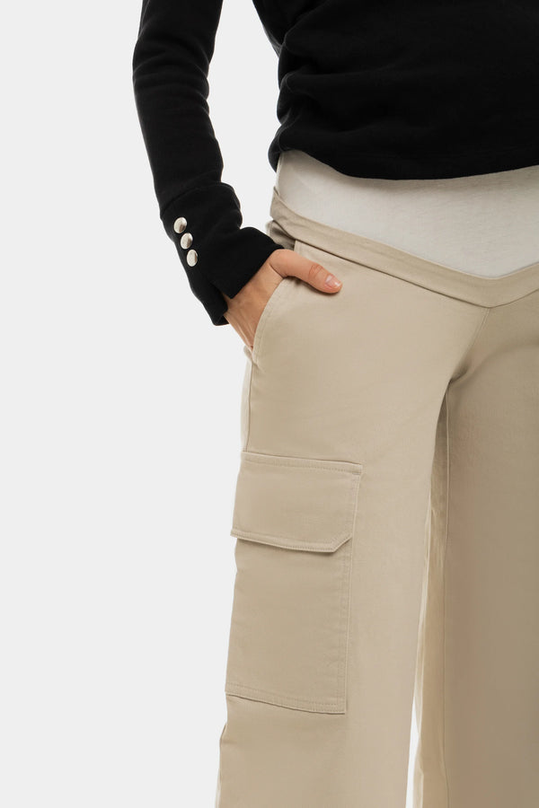 Wijde katoenen cargo zwangerschapsbroek - sand