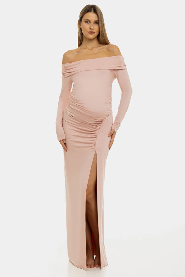 Lange elegante zwangerschapsjurk met off-shoulder - poeder
