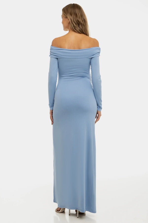 Lange elegante zwangerschapsjurk met off-shoulder - babyblauw