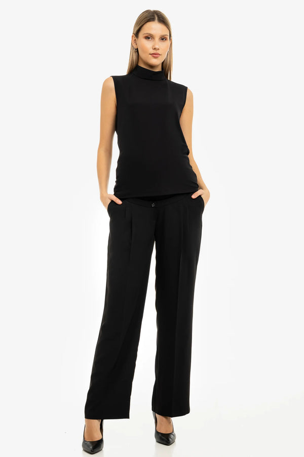 Crêpe wijde zwangerschapsbroek met plooien - zwart