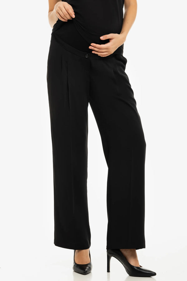 Crêpe wijde zwangerschapsbroek met plooien - zwart