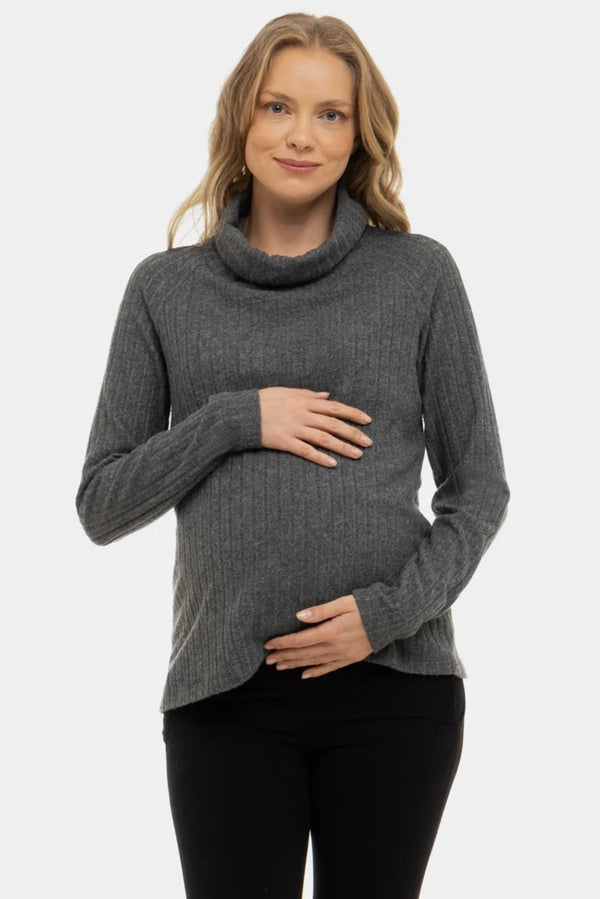 Donkergrijze ribgebreide zwangerschaps- en voedingstrui