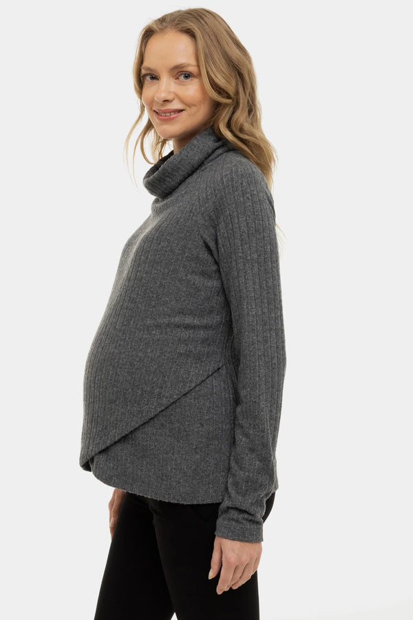 Donkergrijze ribgebreide zwangerschaps- en voedingstrui