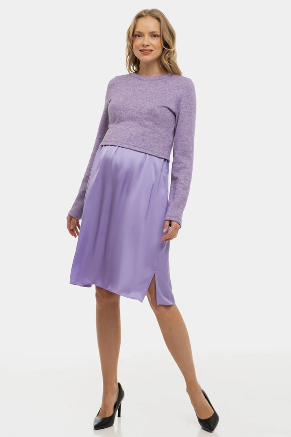 Satijnen zwangerschapsjurk- en voedingsjurk met trui – lila