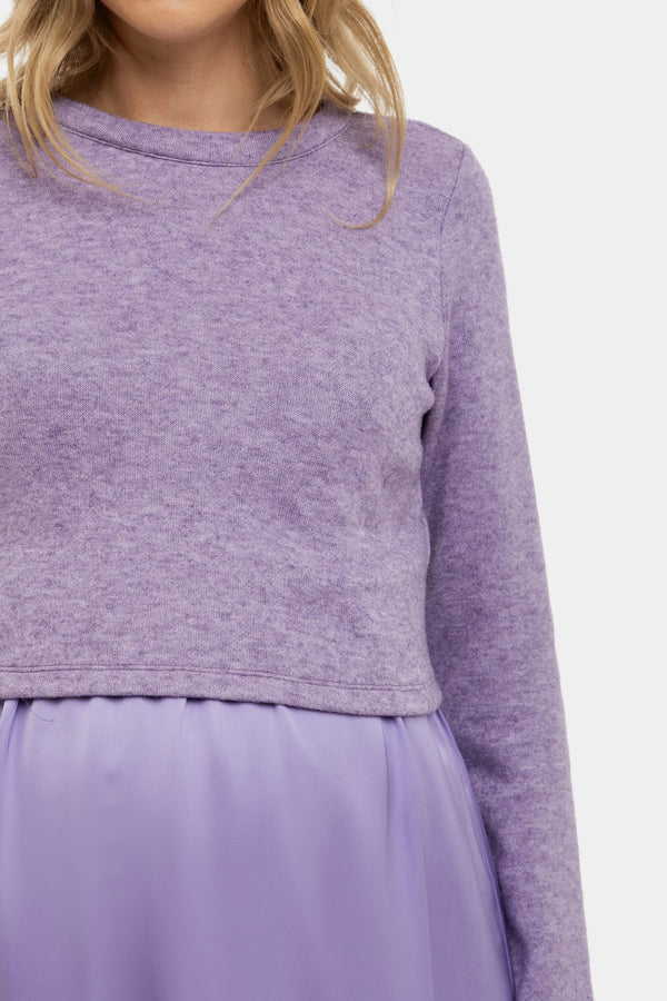 Satijnen zwangerschapsjurk- en voedingsjurk met trui – lila