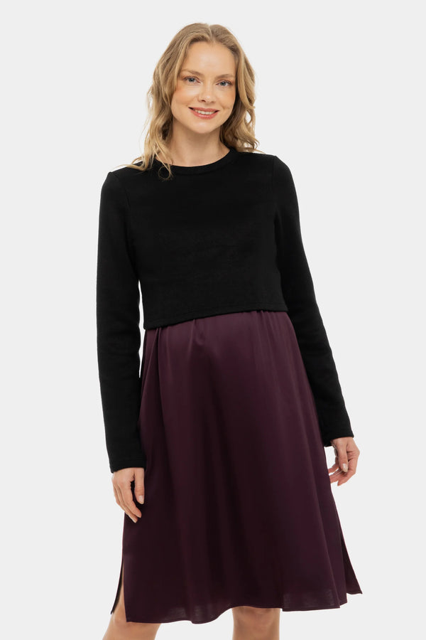 Satijnen zwangerschapsjurk- en voedingsjurk met trui – bordeaux