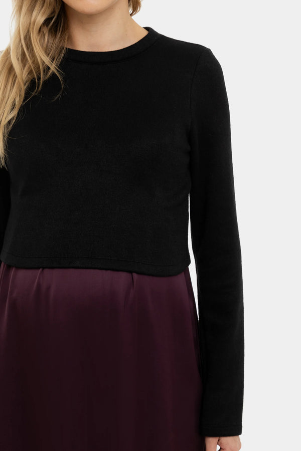 Satijnen zwangerschapsjurk- en voedingsjurk met trui – bordeaux