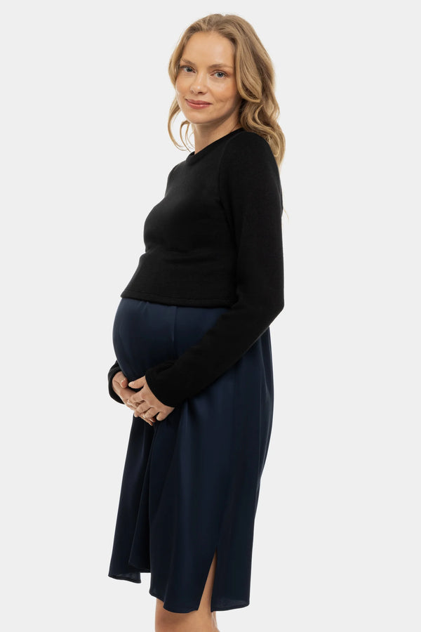 Satijnen zwangerschapsjurk- en voedingsjurk met trui – navy