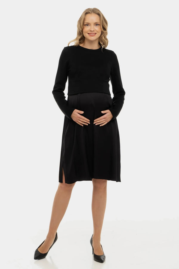 Satijnen zwangerschapsjurk- en voedingsjurk met trui – zwart