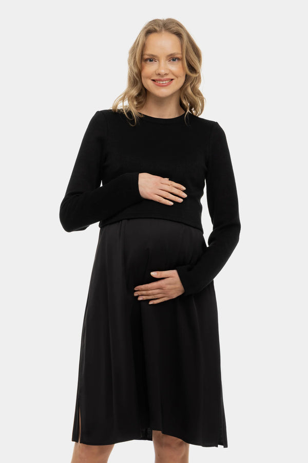 Satijnen zwangerschapsjurk- en voedingsjurk met trui – zwart