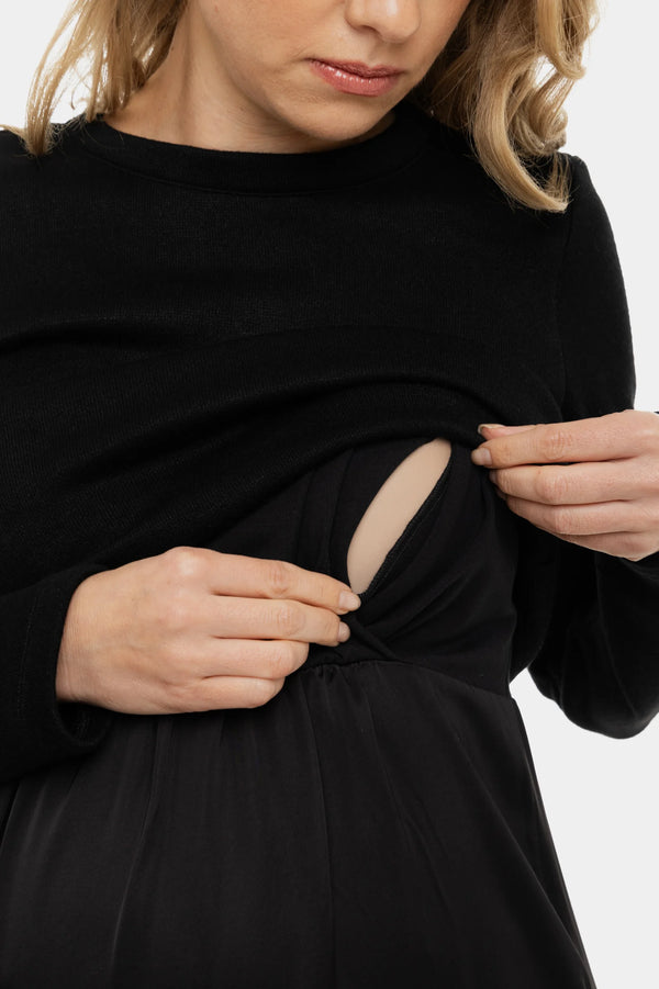 Satijnen zwangerschapsjurk- en voedingsjurk met trui – zwart