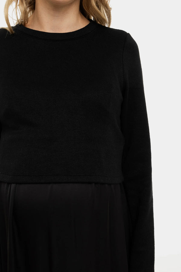 Satijnen zwangerschapsjurk- en voedingsjurk met trui – zwart