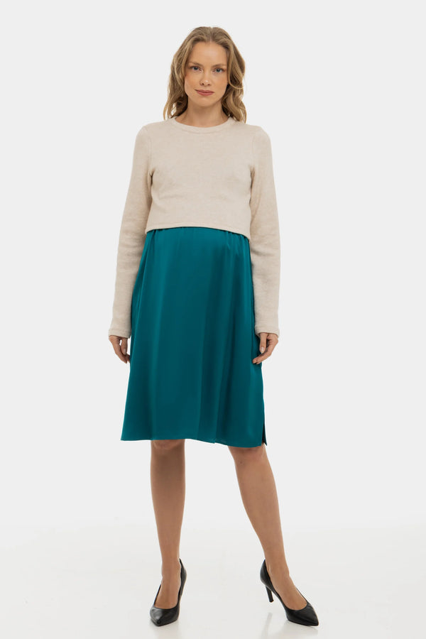 Satijnen zwangerschapsjurk- en voedingsjurk met trui – turquoise