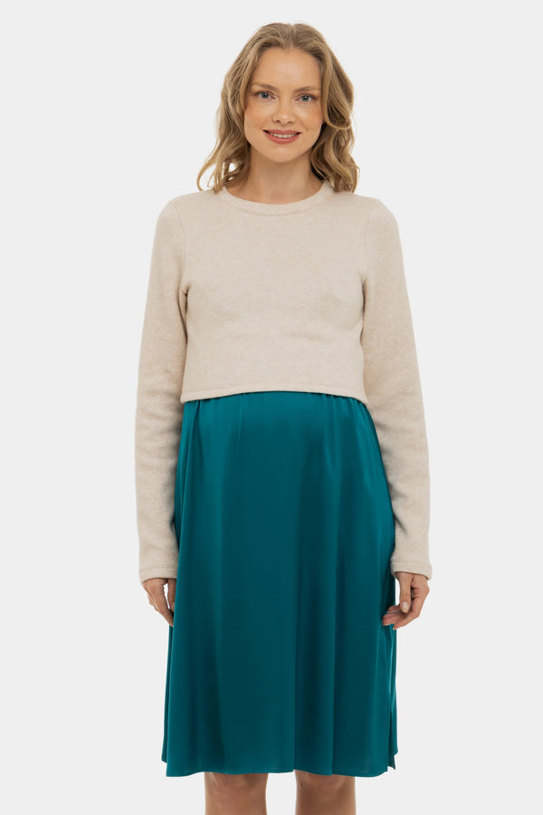 Satijnen zwangerschapsjurk- en voedingsjurk met trui – turquoise