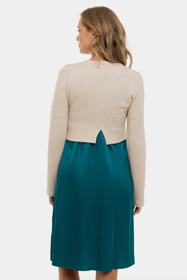 Satijnen zwangerschapsjurk- en voedingsjurk met trui – turquoise