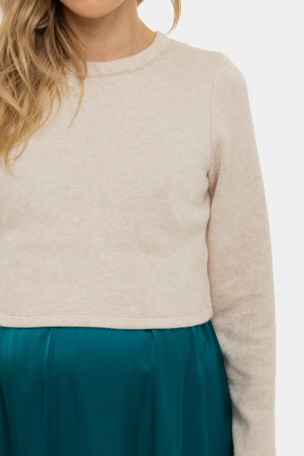 Satijnen zwangerschapsjurk- en voedingsjurk met trui – turquoise