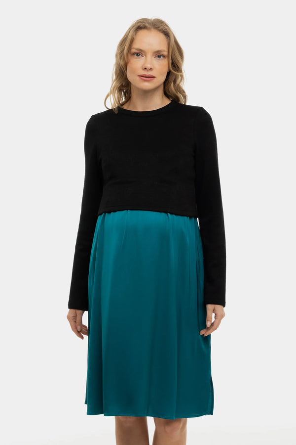 Satijnen zwangerschapsjurk- en voedingsjurk met trui – petrol