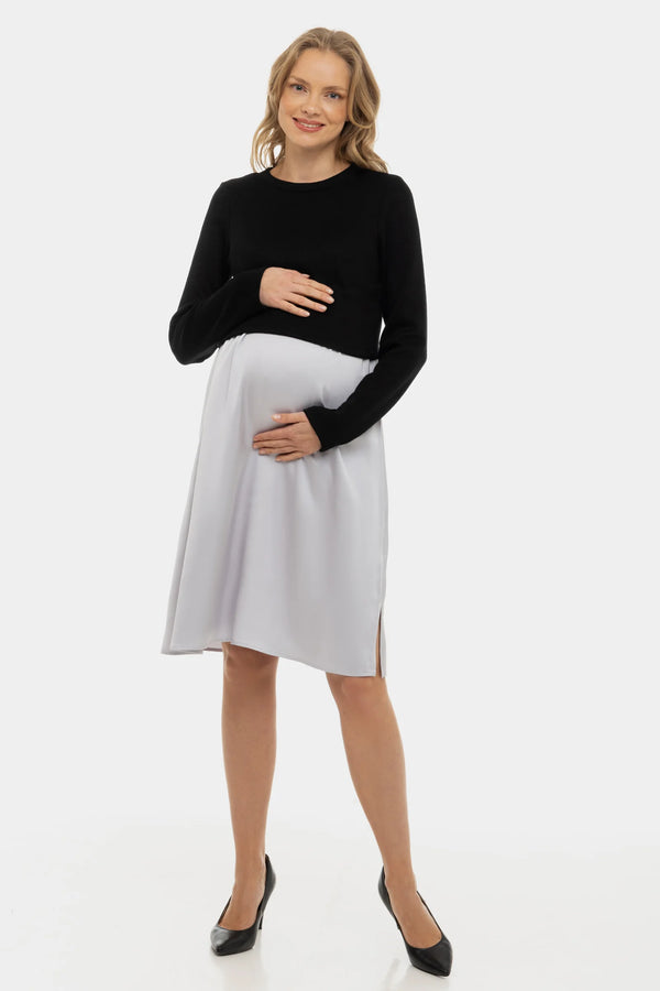 Satijnen zwangerschapsjurk- en voedingsjurk met trui – pearl