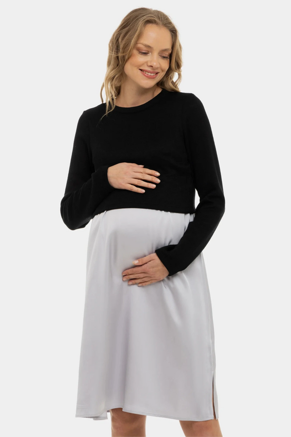 Satijnen zwangerschapsjurk- en voedingsjurk met trui – pearl